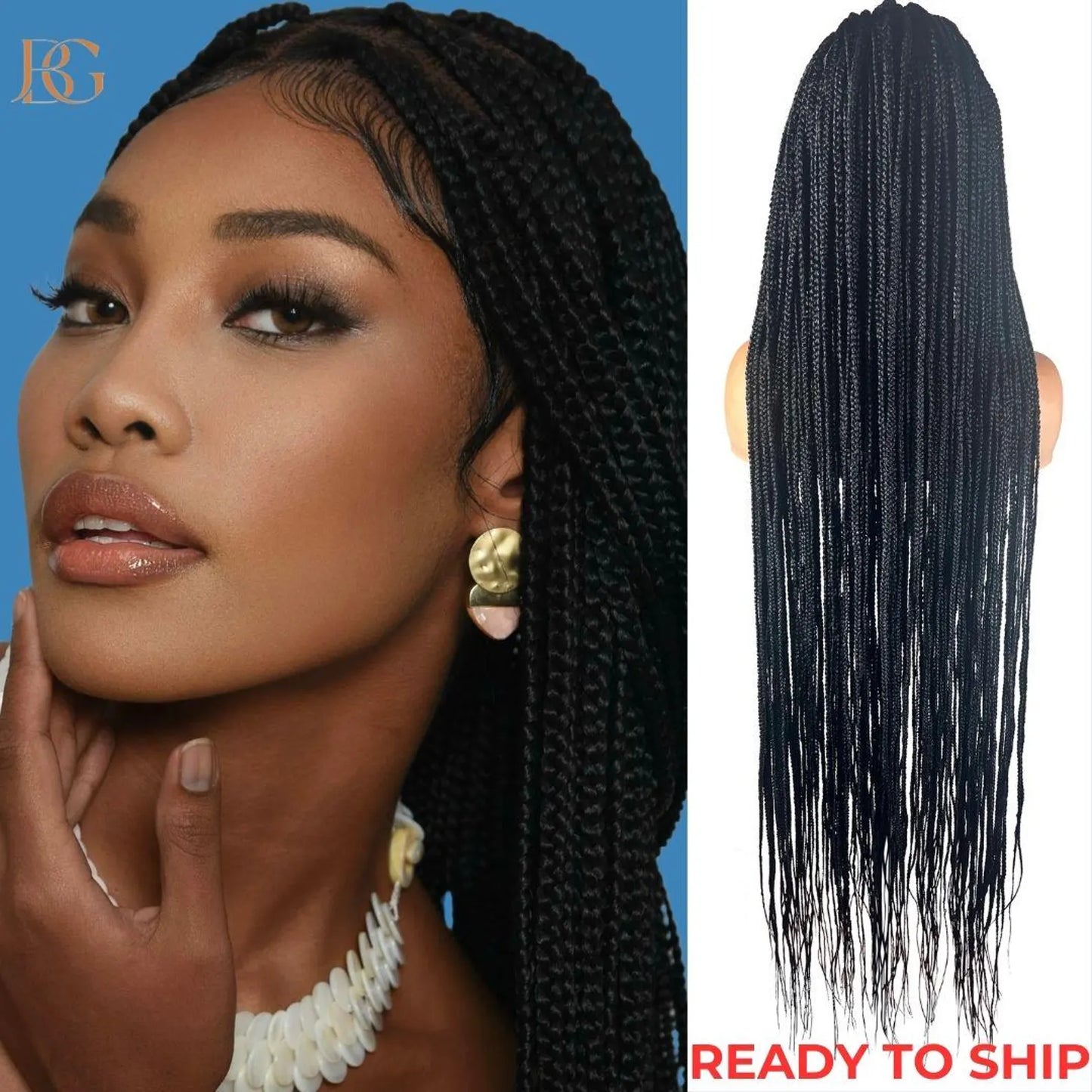 36 Inch Knotless Braided Long Black Wig For Women, Glueless Lace Front Wigs