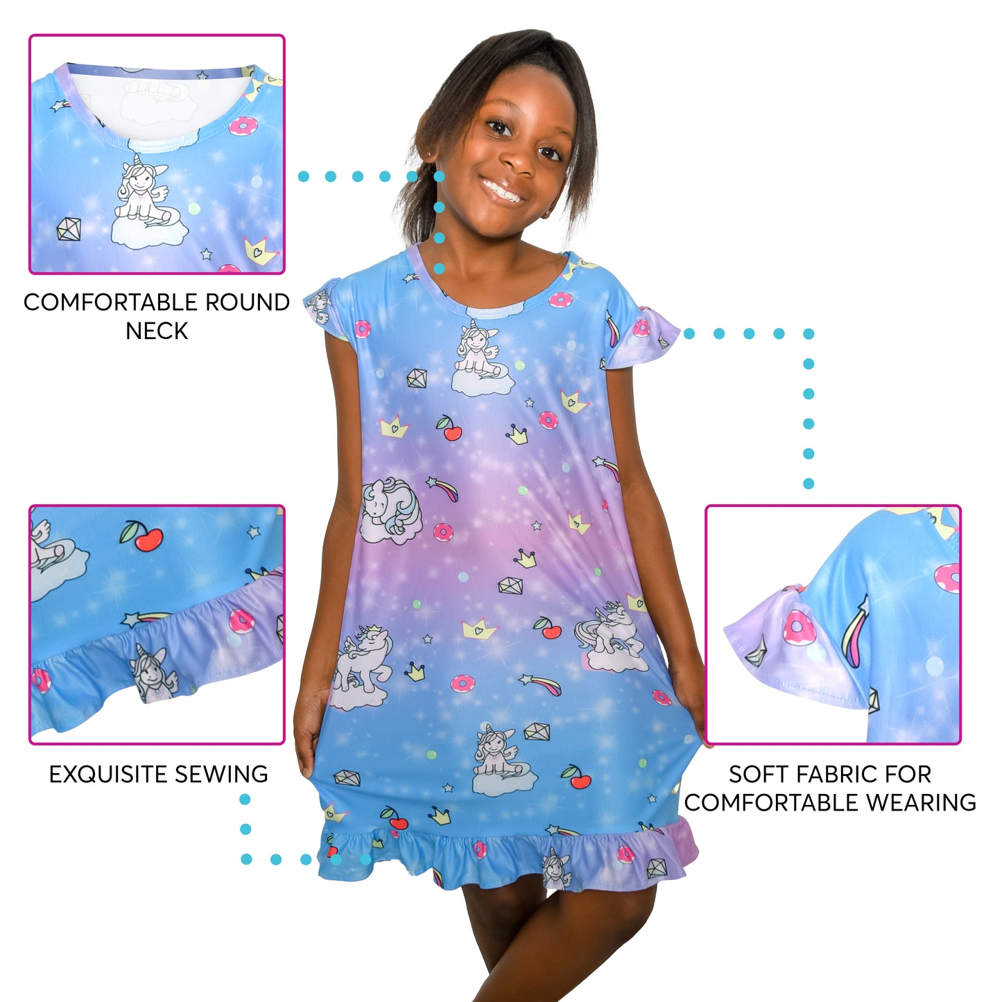 Purple Unicorn Nightgown for Girls, Soft Night Dress for Girls